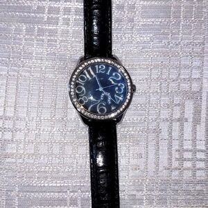 GUESS Vintage Stainless Steel Black Leather Watch